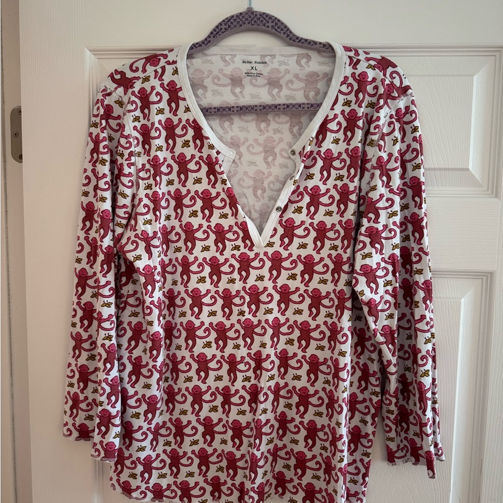 Roller Rabbit White Long-Sleeve Top with Pink Monkey Print